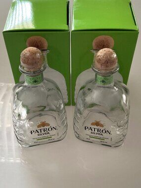 2- 375 ML PATRON SILVER TEQUILA BOTTLES WITH BOX  SET EMPTY GLASS